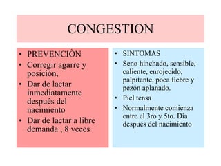 CONGESTION PREVENCIÒN Corregir agarre y posición, Dar de lactar inmediatamente después del nacimiento Dar de lactar a libre demanda , 8 veces SINTOMAS Seno hinchado, sensible, caliente, enrojecido, palpitante, poca fiebre y pezón aplanado. Piel tensa Normalmente comienza entre el 3ro y 5to. Día después del nacimiento 