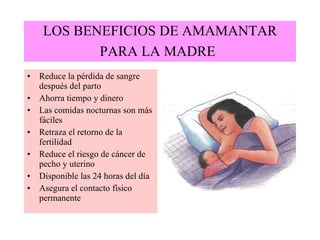 LOS BENEFICIOS DE AMAMANTAR PARA LA MADRE   Reduce la pérdida de sangre después del parto   Ahorra tiempo y dinero   Las comidas nocturnas son más fáciles   Retraza el retorno de la fertilidad   Reduce el riesgo de cáncer de pecho y uterino   Disponible las 24 horas del día   Asegura el contacto físico permanente   