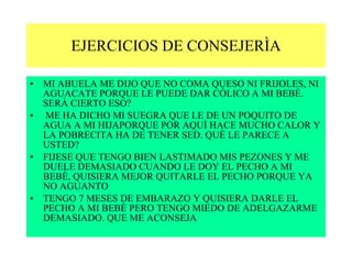 EJERCICIOS DE CONSEJERÌA MI ABUELA ME DIJO QUE NO COMA QUESO NI FRIJOLES, NI AGUACATE PORQUE LE PUEDE DAR CÒLICO A MI BEBÈ. SERÀ CIERTO ESO? ME HA DICHO MI SUEGRA QUE LE DE UN POQUITO DE AGUA A MI HIJAPORQUE POR AQUÌ HACE MUCHO CALOR Y LA POBRECITA HA DE TENER SED. QUÈ LE PARECE A USTED? FIJESE QUE TENGO BIEN LASTIMADO MIS PEZONES Y ME DUELE DEMASIADO CUANDO LE DOY EL PECHO A MI BEBÈ, QUISIERA MEJOR QUITARLE EL PECHO PORQUE YA NO AGUANTO TENGO 7 MESES DE EMBARAZO Y QUISIERA DARLE EL PECHO A MI BEBÈ PERO TENGO MIEDO DE ADELGAZARME DEMASIADO. QUE ME ACONSEJA 