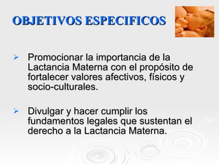 OBJETIVOS ESPECIFICOS Promocionar la importancia de la Lactancia Materna con el propósito de fortalecer valores afectivos, físicos y socio-culturales. Divulgar y hacer cumplir los fundamentos legales que sustentan el derecho a la Lactancia Materna. 