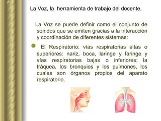 La Voz, la  herramienta de trabajo del docente. <ul><li>La Voz se puede definir como el conjunto de sonidos que se emiten ...