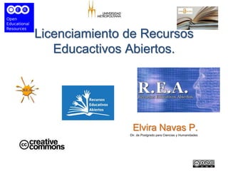 Licenciamiento de Recursos
Educactivos Abiertos.
Elvira Navas P.
Dir. de Postgrado para Ciencias y Humanidades
 