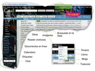Mi cuenta




                             Busqueda en la
         Sitios   Imagenes   Web
    Reader (noticias)

  Documentos en linea
                                                  Grupos
 Calendario
                                                  Libros
Etiquetas
                                                   Blogs
  Chat
                                                  Traductor
 