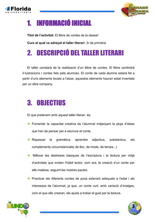 3
1. INFORMACIÓ INICIAL
Títol de l’activitat: El llibre de contes de la classe!
Curs al qual va adreçat el taller literari: 3r de primària
2. DESCRIPCIÓ DEL TALLER LITERARI
El taller constarà de la realització d’un llibre de contes. El llibre contindrà
il·lustracions i contes fets pels alumnes. El conte de cada alumne estarà fet a
partir d’uns elements tocats a l’atzar, aquestos elements hauran estat inventats
per un altre company.
3. OBJECTIUS
El que pretenem amb aquest taller literari és:
 Fomentar la capacitat creativa de l’alumnat mitjançant la pluja d’idees
que han de pensar per a escriure el conte.
 Repassar la gramàtica, aprendre adjectius, substantius, els
complements circumstancials( de lloc, de mode, de temps...)
 Millorar les destreses bàsiques de l’escriptura i la lectura per mitjà
d’activitats que inciten l’hàbit lector, com ara, la creació d’un conte per
ells mateixa, seguint les nostres pautes.
 Practicar els diferents contes de poca extensió adequats a l’edat i als
interessos de l’alumnat, ja que, un conte curt, amb variació d’imatges,
com el que ells crearan, els ajuda a trobar el gust per la lectura.
 