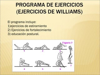 El programa incluye:
1)ejercicios de estiramiento
2) Ejercicios de fortalecimiento
3) educación postural.

 