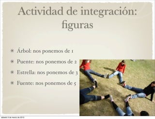 Actividad de integración:
                           ﬁguras

                 Árbol: nos ponemos de 1
                 Puente: nos ponemos de 2
                 Estrella: nos ponemos de 3
                 Fuente: nos ponemos de 5




sábado 9 de marzo de 2013
 