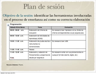 Plan de sesión
   Objetivo de la sesión: identiﬁcar las herramientas involucradas
    en el proceso de enseñanza así como su correcta elaboración




          Recurso didáctico: Pizarra.




sábado 9 de marzo de 2013
 