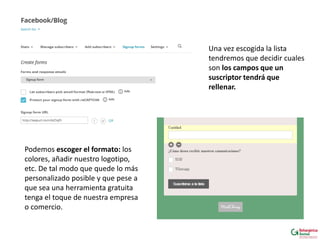 Una vez escogida la lista
tendremos que decidir cuales
son los campos que un
suscriptor tendrá que
rellenar.
Podemos escoger el formato: los
colores, añadir nuestro logotipo,
etc. De tal modo que quede lo más
personalizado posible y que pese a
que sea una herramienta gratuita
tenga el toque de nuestra empresa
o comercio.
 
