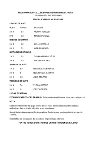 PROGRAMACION TALLLER SUPERANDO MIS DIFICULTADES 
SEMANA DEL 5 AL 9 DE MAYO 
PELICULA “MANOS MILAGROSAS” 
LUNES 5 DE MAYO 
HORA: GRADO DOCENTE 
3 Y 4 8-4 VICTOR HEREDIA 
5Y 6 6-2 NHORA PERLAZA 
MARTES 6 DE MAYO 
3 Y 4 8-2 KELLY CASTILLO 
5 Y 6 7-1 OSIERIS HENAO 
MIERCOLES 7 DE MAYO 
1 Y 2 7-2 GLORIA AMPARO VÉLEZ 
3 Y 4 7-3 ALEXANDER NIETO 
JUEVES 8 DE MAYO 
1 Y 2 8-3 ALBA ROCIO LIBREROS 
3 Y 4 8-1 ANA ZORAIDA CASTRO 
5 Y 6 6-3 JAIME MOLANO 
VIERNES 9 DE MAYO 
3 Y 4 7-4 WILSON CASTRO 
5 Y 6 6-1 YERLY CORREA 
LUGAR: TEATRINO 
FECHA DE ENTREGA DEL TRABAJO: Próxima semana (8 días de plazo para cada grupo) 
NOTA: 
Cada docente director de grupo en una de sus horas de clase socializará los trabajos 
realizados y dará una nota valorativa a sus estudiantes. 
Se solicita la colaboración del Profesor Adilson Rentería para que tenga listo el equipo del 
Teatrino. 
Se solicita a los encargados del aseo tener limpio el lugar a tiempo 
“ENTRE TODOS CONSTRUIMOS UNA INSTITUCION DE CALIDAD” 
