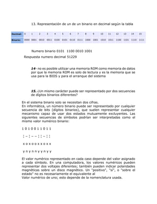 13. Representación de un de un binario en decimal según la tabla
Decimal: 0 1 2 3 4 5 6 7 8 9 10 11 12 13 14 15
Binario: 0000 0001 0010 0011 0100 0101 0110 0111 1000 1001 1010 1011 1100 1101 1110 1111
Numero binario 0101 1100 0010 1001
Respuesta numero decimal 51229
14- no es posible utilizar una memoria ROM como memoria de datos
por que la memoria ROM es solo de lectura y es la memoria que se
usa para la BIOS y para el arranque del sistema
15. ¿Un mismo carácter puede ser representado por dos secuencias
de dígitos binarios diferentes?
En el sistema binario solo se necesitan dos cifras.
En informática, un número binario puede ser representado por cualquier
secuencia de bits (dígitos binarios), que suelen representar cualquier
mecanismo capaz de usar dos estados mutuamente excluyentes. Las
siguientes secuencias de símbolos podrían ser interpretadas como el
mismo valor numérico binario:
1 0 1 0 0 1 1 0 1 1
¦ − ¦ − − ¦ ¦ − ¦ ¦
x o x o o x x o x x
y n y n n y y n y y
El valor numérico representado en cada caso depende del valor asignado
a cada símbolo. En una computadora, los valores numéricos pueden
representar dos voltajes diferentes; también pueden indicar polaridades
magnéticas sobre un disco magnético. Un "positivo", "sí", o "sobre el
estado" no es necesariamente el equivalente al
Valor numérico de uno; esto depende de la nomenclatura usada.
 