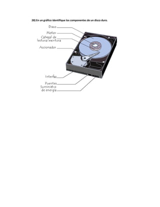 28) En un gráfico identifique los componentes de un disco duro.
 