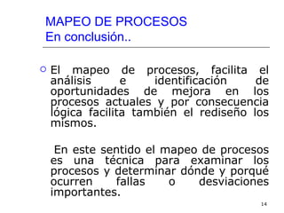 MAPEO DE PROCESOS
En conclusión..

   El mapeo de procesos, facilita el
    análisis      e    identificación    de
    oportunidades de mejora en los
    procesos actuales y por consecuencia
    lógica facilita también el rediseño los
    mismos.

     En este sentido el mapeo de procesos
    es una técnica para examinar los
    procesos y determinar dónde y porqué
    ocurren    fallas    o   desviaciones
    importantes.
                                         14
 