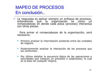 MAPEO DE PROCESOS
    En conclusión..
   La respuesta es aplicar siempre un enfoque de procesos,
    entendiendo que la organización es como un
    rompecabezas en donde cada pieza (proceso) interactúa
    con otras piezas.

     Para armar el rompecabezas de la organización, será
    necesario:

       Primero analizar la interrelación existente entre las unidades
        de negocio.

       Posteriormente analizar la interacción de los procesos que
        las conforman.

       Por último detallar la secuencia lógica de las operaciones o
        actividades que integran un procesos o subproceso; lo cual
        es la base de cualquier mejora.


                                                                   15
 