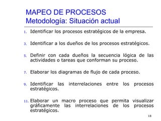 MAPEO DE PROCESOS
 Metodología: Situación actual
1.    Identificar los procesos estratégicos de la empresa.

3.    Identificar a los dueños de los procesos estratégicos.

5.    Definir con cada dueños la secuencia lógica de las
      actividades o tareas que conforman su proceso.

7.    Elaborar los diagramas de flujo de cada proceso.

9.    Identificar las   interrelaciones   entre   los   procesos
      estratégicos.

11.   Elaborar un macro proceso que permita visualizar
      gráficamente las interrelaciones de los procesos
      estratégicos.
                                                             18
 