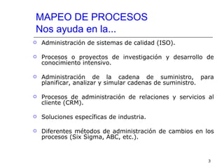 MAPEO DE PROCESOS
Nos ayuda en la...
   Administración de sistemas de calidad (ISO).

   Procesos o proyectos de investigación y desarrollo de
    conocimiento intensivo.

   Administración de la cadena de suministro, para
    planificar, analizar y simular cadenas de suministro.

   Procesos de administración de relaciones y servicios al
    cliente (CRM).

   Soluciones específicas de industria.

   Diferentes métodos de administración de cambios en los
    procesos (Six Sigma, ABC, etc.).


                                                         3
 