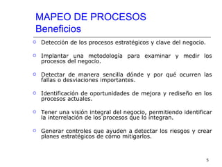MAPEO DE PROCESOS
Beneficios
   Detección de los procesos estratégicos y clave del negocio.

   Implantar una metodología para examinar y medir los
    procesos del negocio.

   Detectar de manera sencilla dónde y por qué ocurren las
    fallas o desviaciones importantes.

   Identificación de oportunidades de mejora y rediseño en los
    procesos actuales.

   Tener una visión integral del negocio, permitiendo identificar
    la interrelación de los procesos que lo integran.

   Generar controles que ayuden a detectar los riesgos y crear
    planes estratégicos de cómo mitigarlos.



                                                                  5
 