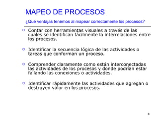 MAPEO DE PROCESOS
    ¿Qué ventajas tenemos al mapear correctamente los procesos?
    Contar con herramientas visuales a través de las
     cuales se identifican fácilmente la interrelaciones entre
     los procesos.

    Identificar la secuencia lógica de las actividades o
     tareas que conforman un proceso.

    Comprender claramente como están interconectadas
     las actividades de los procesos y donde podrían estar
     fallando las conexiones o actividades.

    Identificar rápidamente las actividades que agregan o
     destruyen valor en los procesos.




                                                                  8
 