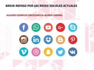 BREVE REPASO POR LAS REDES SOCIALES ACTUALES
ALGUNOS EJEMPLOS ENFOCADOS AL MUNDO LABORAL
 