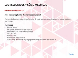 INFORMES SETMANALES
Fuente
LOS RESULTADOS Y CÓMO MEDIRLOS
¿Qué incluye la plantilla de informes semanales?
Como se trata de un resumen de lo mejor de cada semana a continuación os pongo los datos
que incluye:
FACEBOOK
• Fans actuales
• Me gusta, comentarios y compartir
• Mensajes muro y mensajes privados
• Clics en URL
• Nuevos fans
• Número de publicaciones
• Publicación más efectiva y engagement de publicación más efectiva
 
