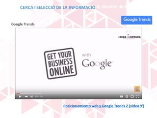 BLOQUE	A:	Gestión	de	la	información
Posicionamiento	web	y	Google	Trends 2	(vídeo	9’)
Google	Trends
CERCA	I	SELECCIÓ	DE	LA	INFORMACIÓ
 