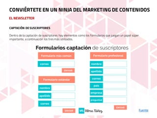 EL NEWSLETTER
Fuente
CONVIÉRTETE EN UN NINJA DEL MARKETING DE CONTENIDOS
CAPTACIÓN DE SUSCRIPTORES
Dentro de la captación de suscriptores hay elementos como los formularios que juegan un papel súper
importante, a continuación los tres más utilizados.
 