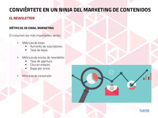 EL NEWSLETTER
Fuente
CONVIÉRTETE EN UN NINJA DEL MARKETING DE CONTENIDOS
MÉTRICAS DE EMAIL MARKETING
En resumen las más importantes serían:
• Métricas de listas
§ Aumento de suscriptores
§ Tasa de bajas
• Métricas de envíos de newsletter
§ Tasa de apertura
§ Clics en enlaces
§ Bajas por envío
• Métricas de conversión
 