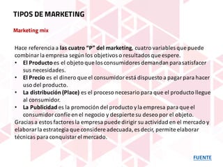 Marketing mix
FUENTE
TIPOS DE MARKETING
Hace	referencia	a	las	cuatro	“P”	del	marketing,	cuatro	variables	que	puede	
combinar	la	empresa	según	los	objetivos	o	resultados	que	espere.	
• El	Producto	es	el	objeto	que	los	consumidores	demandan	para	satisfacer	
sus	necesidades.	
• El	Precio	es	el	dinero	que	el	consumidor	está	dispuesto	a	pagar	para	hacer	
uso	del	producto.	
• La	distribución	(Place)	es	el	proceso	necesario	para	que	el	producto	llegue	
al	consumidor.	
• La	Publicidad	es	la	promoción	del	producto	y	la	empresa	para	que	el	
consumidor	confíe	en	el	negocio	y	despierte	su	deseo	por	el	objeto.	
Gracias	a	estos	factores	la	empresa	puede	dirigir	su	actividad	en	el	mercado	y	
elaborar	la	estrategia	que	considere	adecuada,	es	decir,	permite	elaborar	
técnicas	para	conquistar	el	mercado.
 
