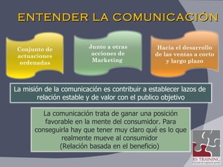 ENTENDER LA COMUNICACIÓN Conjunto de actuaciones ordenadas Junto a otras acciones de Marketing  Hacia el desarrollo de las ventas a corto y largo plazo La misión de la comunicación es contribuir a establecer lazos de  relación estable y de valor con el publico objetivo La comunicación trata de ganar una posición favorable en la mente del consumidor. Para conseguirla hay que tener muy claro qué es lo que realmente mueve al consumidor  (Relación basada en el beneficio)  