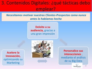 3. Contenidos Digitales: ¿qué tácticas debo
emplear?
23
Necesitamos motivar nuestros Clientes-Prospectos como nunca
antes lo habíamos hecho
Deleite a su
audiencia, gracias a
una gran impresión
Personalice sus
interacciones ,
mediante el análisis
de su Big Data
Acelere la
Innovación,
optimizando su
Marketing
 