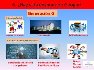 35
6. ¿Hay vida después de Google?
Generación G
Nuevas Relaciones Sabiduría AgregadaTransparencia
1. Cambio Social
2. Cambio de Comportamientos
Siempre hay una solución
a un problema
Perfeccionamiento de
habilidades analíticas
Nuevas
Normas
Sociales
 