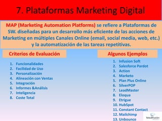 7. Plataformas Marketing Digital
37
Criterios de Evaluación
1. Funcionalidades
2. Facilidad de Uso
3. Personalización
4. Alineación con Ventas
5. Integración
6. Informes &Análisis
7. Inteligencia
8. Coste Total
MAP (Marketing Automation Platforms) se refiere a Plataformas de
SW. diseñadas para un desarrollo más eficiente de las acciones de
Marketing en múltiples Canales Online (email, social media, web, etc.)
y la automatización de las tareas repetitivas.
1. Infusion Soft
2. Salesforce Pardot
3. Action
4. Marketo
5. Plan Plus Online
6. SilverPOP
7. LeadMaster
8. Eloqua
9. Etrigue
10. HubSpot
11. Constant Contact
12. Mailchimp
13. Unbounce
Algunos Ejemplos
 