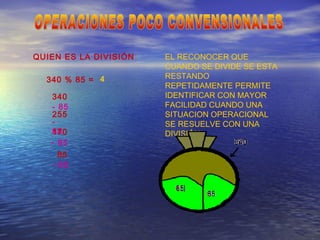 QUIEN ES LA DIVISIÓN
340 % 85 =
340
- 85
255
-
85170
- 85
85
- 85
4
EL RECONOCER QUE
CUANDO SE DIVIDE SE ESTA
RESTANDO
REPETIDAMENTE PERMITE
IDENTIFICAR CON MAYOR
FACILIDAD CUANDO UNA
SITUACION OPERACIONAL
SE RESUELVE CON UNA
DIVISIÓN
 