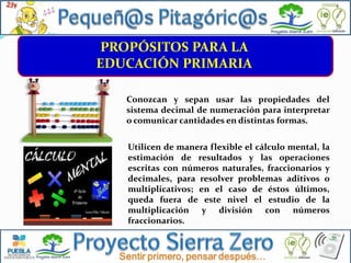 PROPÓSITOS PARA LA
EDUCACIÓN PRIMARIA
Conozcan y sepan usar las propiedades del
sistema decimal de numeración para interpretar
o comunicar cantidades en distintas formas.
Utilicen de manera flexible el cálculo mental, la
estimación de resultados y las operaciones
escritas con números naturales, fraccionarios y
decimales, para resolver problemas aditivos o
multiplicativos; en el caso de éstos últimos,
queda fuera de este nivel el estudio de la
multiplicación y división con números
fraccionarios.

 