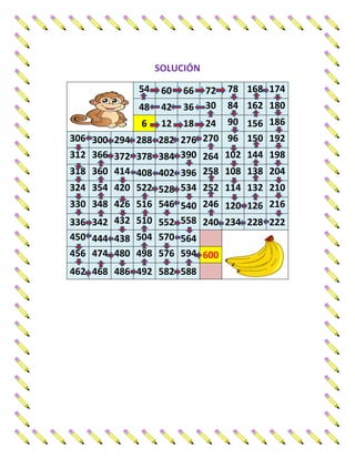 SOLUCIÓN 
54 60 66 72 78 168 174 48 42 36 30 84 162 180 6 12 18 24 90 156 186 306 300 294 288 282 276 270 96 150 192 312 366 372 378 384 390 264 102 144 198 318 360 414 408 402 396 258 108 138 204 324 354 420 522 528 534 252 114 132 210 330 348 426 516 546 540 246 120 126 216 336 342 432 510 552 558 240 234 228 222 450 444 438 504 570 564 
456 474 480 498 576 594 600 462 468 486 492 582 588 
