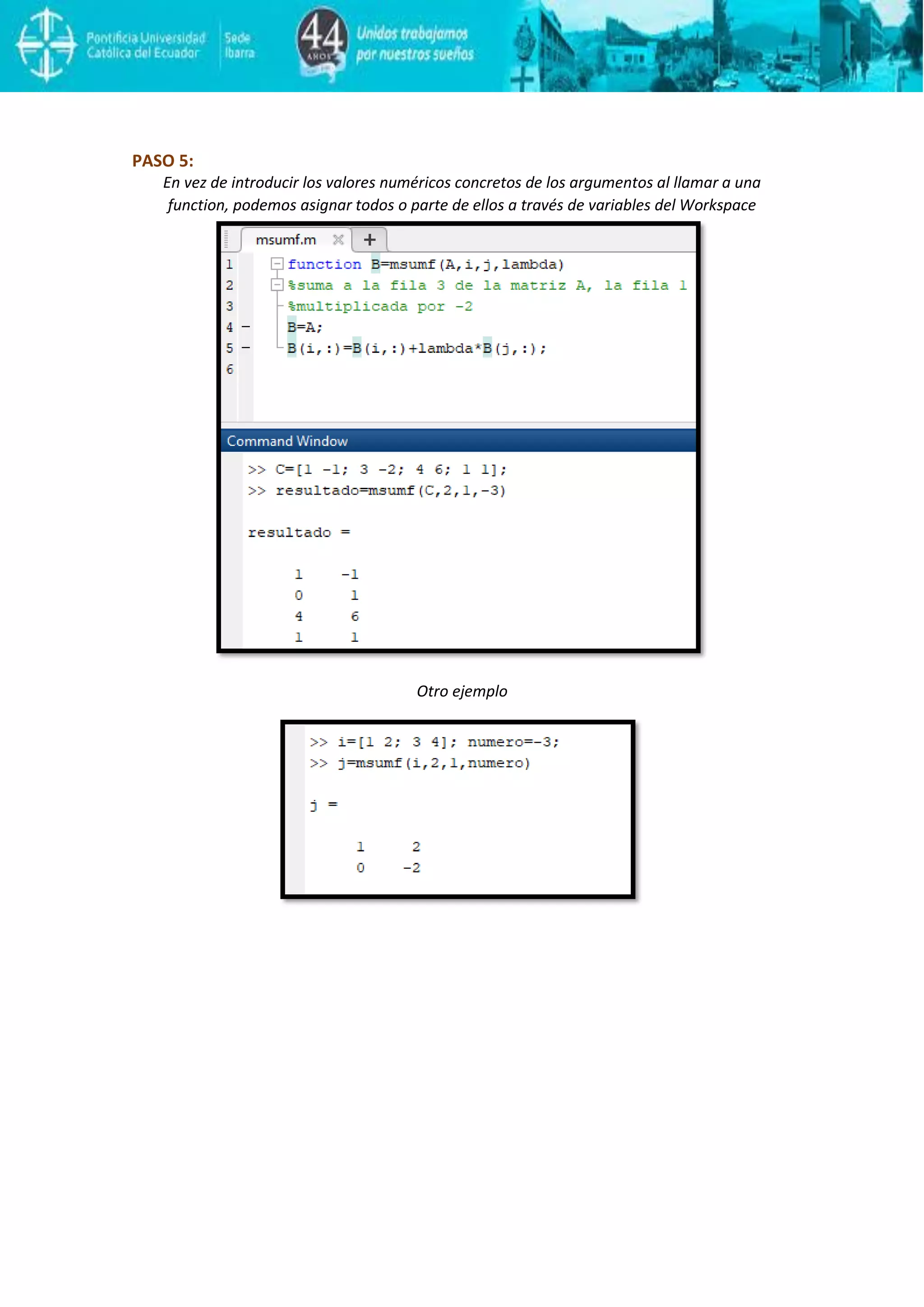 PASO 5:
En vez de introducir los valores numéricos concretos de los argumentos al llamar a una
function, podemos asignar todos o parte de ellos a través de variables del Workspace
Otro ejemplo