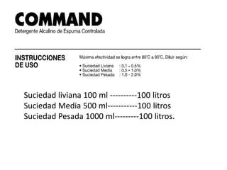 Suciedad liviana 100 ml ----------100 litros
Suciedad Media 500 ml-----------100 litros
Suciedad Pesada 1000 ml---------100 litros.
 