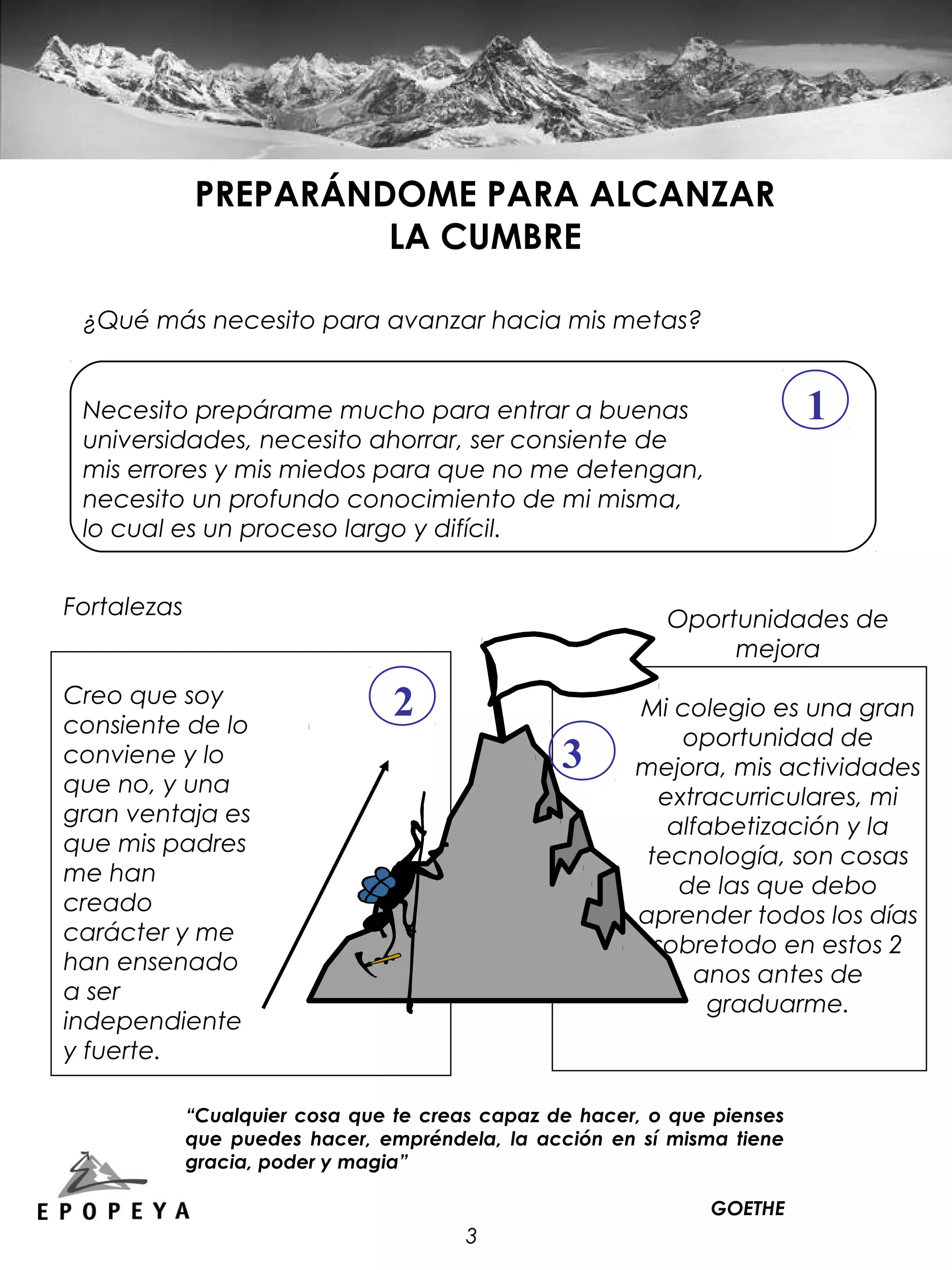 PREPARÁNDOME PARA ALCANZAR
                      LA CUMBRE

 ¿Qué más necesito para avanzar hacia mis metas?


 Necesito prepárame mucho para entrar a buenas                            1
 universidades, necesito ahorrar, ser consiente de
 mis errores y mis miedos para que no me detengan,
 necesito un profundo conocimiento de mi misma,
 lo cual es un proceso largo y difícil.


Fortalezas
                                                           Oportunidades de
                                                                mejora
Creo que soy
consiente de lo
                                 2                      Mi colegio es una gran
                                                            oportunidad de
conviene y lo                                    3      mejora, mis actividades
que no, y una
                                                          extracurriculares, mi
gran ventaja es
                                                           alfabetización y la
que mis padres
                                                         tecnología, son cosas
me han
                                                            de las que debo
creado
                                                        aprender todos los días
carácter y me
                                                          sobretodo en estos 2
han ensenado
                                                              anos antes de
a ser
                                                               graduarme.
independiente
y fuerte.

             “Cualquier cosa que te creas capaz de hacer, o que pienses
             que puedes hacer, empréndela, la acción en sí misma tiene
             gracia, poder y magia”

                                                               GOETHE
                                        3
 