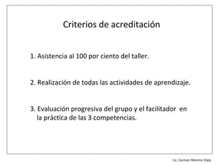 Criterios de acreditación


1. Asistencia al 100 por ciento del taller.


2. Realización de todas las actividades de aprendizaje.


3. Evaluación progresiva del grupo y el facilitador en
   la práctica de las 3 competencias.




                                              Lic. Víctor Manuel Martínez-Orta Vivero
                                                        Lic. Carmen Moreno Dipp
 