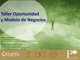 Taller Oportunidady Modelo de Negocios MARIO REYES S. mreyes@p3-ventures.biz Gerente de Research & Knowldege P3 Ventures S.A. SEBASTIAN GONZÁLEZ G sebastian@p3-ventures.biz  Gerente de Consultoría P3 Ventures S.A. Senior Advisor Octantis - UAI Chile 