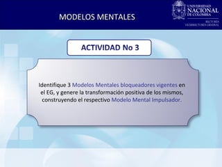 MODELOS MENTALES Identifique 3  Modelos Mentales bloqueadores vigentes  en el EG, y genere la transformación positiva de los mismos, construyendo el respectivo  Modelo Mental Impulsador. 