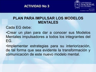 PLAN PARA IMPULSAR LOS MODELOS MENTALES Cada EG debe: Crear un plan para dar a conocer sus Modelos Mentales impulsadores a todos los integrantes del EG. Implementar estrategias para su interiorización, de tal forma que sea evidente la transformación y comunicación de este nuevo modelo mental. ACTIVIDAD No 3 