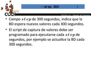 Campo  step  de 300 segundos, indica que la BD espera nuevos valores cada 300 segundos.  El script de captura de valores debe ser programado para ejecutarse cada  step  de segundos, por ejemplo se actualice la BD cada 300 segundos.  --step 300  \  