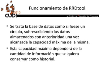 Funcionamiento de RRDtool Se trata la base de datos como si fuese un círculo, sobrescribiendo los datos almacenados con anterioridad una vez alcanzada la capacidad máxima de la misma. Esta capacidad máxima dependerá de la cantidad de información que se quiera conservar como historial. 