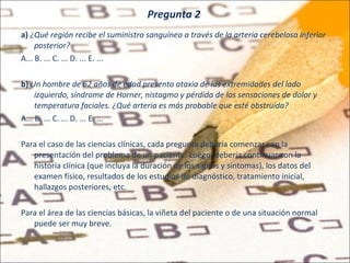 Pregunta 2 a)  ¿Qué   región recibe el suministro sanguíneo a través de la arteria cerebelosa inferior posterior? A... B. ... C. ... D. ... E. ... b)   Un hombre de 62 años de edad presenta ataxia de las extremidades del lado izquierdo, síndrome de Horner, nistagmo y pérdida de las sensaciones de dolor y temperatura faciales. ¿Qué arteria es más probable que esté obstruida? A... B. ... C. ... D. ... E. ... Para el caso de las ciencias clínicas, cada pregunta debería comenzar con la presentación del problema de un paciente. Luego, debería continuar con la historia clínica (que incluya la duración de los signos y síntomas), los datos del examen físico, resultados de los estudios de diagnóstico, tratamiento inicial, hallazgos posteriores, etc. Para el área de las ciencias básicas, la viñeta del paciente o de una situación normal puede ser muy breve. 