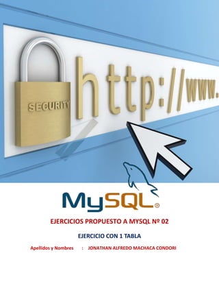 EJERCICIOS PROPUESTO A MYSQL Nº 02

                      EJERCICIO CON 1 TABLA
Apellidos y Nombres    :   JONATHAN ALFREDO MACHACA CONDORI
 
