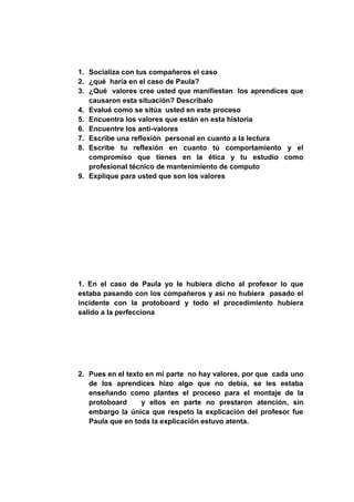 1. Socializa con tus compañeros el caso
2. ¿qué haría en el caso de Paula?
3. ¿Qué valores cree usted que manifiestan los aprendices que
   causaron esta situación? Descríbalo
4. Evalué como se sitúa usted en este proceso
5. Encuentra los valores que están en esta historia
6. Encuentre los anti-valores
7. Escribe una reflexión personal en cuanto a la lectura
8. Escribe tu reflexión en cuanto tú comportamiento y el
   compromiso que tienes en la ética y tu estudio como
   profesional técnico de mantenimiento de computo
9. Explique para usted que son los valores




1. En el caso de Paula yo le hubiera dicho al profesor lo que
estaba pasando con los compañeros y así no hubiera pasado el
incidente con la protoboard y todo el procedimiento hubiera
salido a la perfecciona




2. Pues en el texto en mi parte no hay valores, por que cada uno
   de los aprendices hizo algo que no debía, se les estaba
   enseñando como plantes el proceso para el montaje de la
   protoboard     y ellos en parte no prestaron atención, sin
   embargo la única que respeto la explicación del profesor fue
   Paula que en toda la explicación estuvo atenta.
 