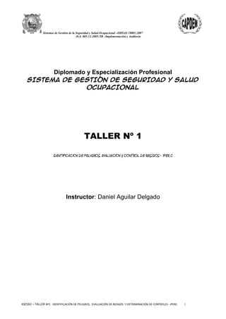 Sistemas de Gestión de la Seguridad y Salud Ocupacional –OHSAS 18001:2007
-D.S. 005-12-2005-TR –Implementación y Auditoría
IGESSO – TALLER Nº1 IDENTIFICACIÓN DE PELIGROS, EVALUACIÓN DE RIESGOS Y DETERMINACIÓN DE CONTROLES - IPERC 1
Diplomado y Especialización Profesional
SISTEMA DE GESTIÓN DE SEGURIDAD Y SALUD
OCUPACIONAL
TALLER Nº 1
IDENTIFICACION DE PELIGROS, EVALUACION Y CONTROL DE RIESGOS- IPER C
Instructor: Daniel Aguilar Delgado
 