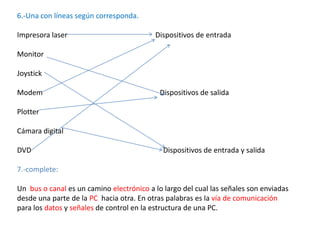 6.-Una con líneas según corresponda.

Impresora laser                           Dispositivos de entrada

Monitor

Joystick

Modem                                       Dispositivos de salida

Plotter

Cámara digital

DVD                                          Dispositivos de entrada y salida

7.-complete:

Un bus o canal es un camino electrónico a lo largo del cual las señales son enviadas
desde una parte de la PC hacia otra. En otras palabras es la vía de comunicación
para los datos y señales de control en la estructura de una PC.
 