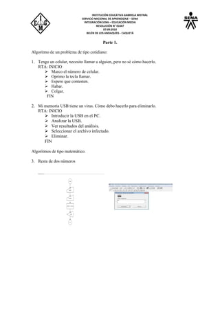 INSTITUCIÓN EDUCATIVA GABRIELA MISTRAL
SERVICIO NACIONAL DE APRENDIZAJE – SENA
INTEGRACIÓN SENA – EDUCACIÓN MEDIA
RESOLUCIÓN N° 01047
07:09:2010
BELÉN DE LOS ANDAQUÍES - CAQUETÁ
Parte 1.
Algoritmo de un problema de tipo cotidiano:
1. Tengo un celular, necesito llamar a alguien, pero no sé cómo hacerlo.
RTA: INICIO
 Marco el número de celular.
 Oprimo la tecla llamar.
 Espero que contesten.
 Habar.
 Colgar.
FIN
2. Mi memoria USB tiene un virus. Cómo debo hacerlo para eliminarlo.
RTA: INICIO
 Introducir la USB en el PC.
 Analizar la USB.
 Ver resultados del análisis.
 Seleccionar el archivo infectado.
 Eliminar.
FIN
Algoritmos de tipo matemático.
3. Resta de dos números
 