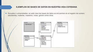 EJEMPLOS DE BASES DE DATOS EN NUESTRA VIDA COTIDIANA
 Escuelas o universidades: en este caso las bases de datos se encuentran en el registro de numero
estudiantes, materias, maestros, notas, genero entre otras.
 